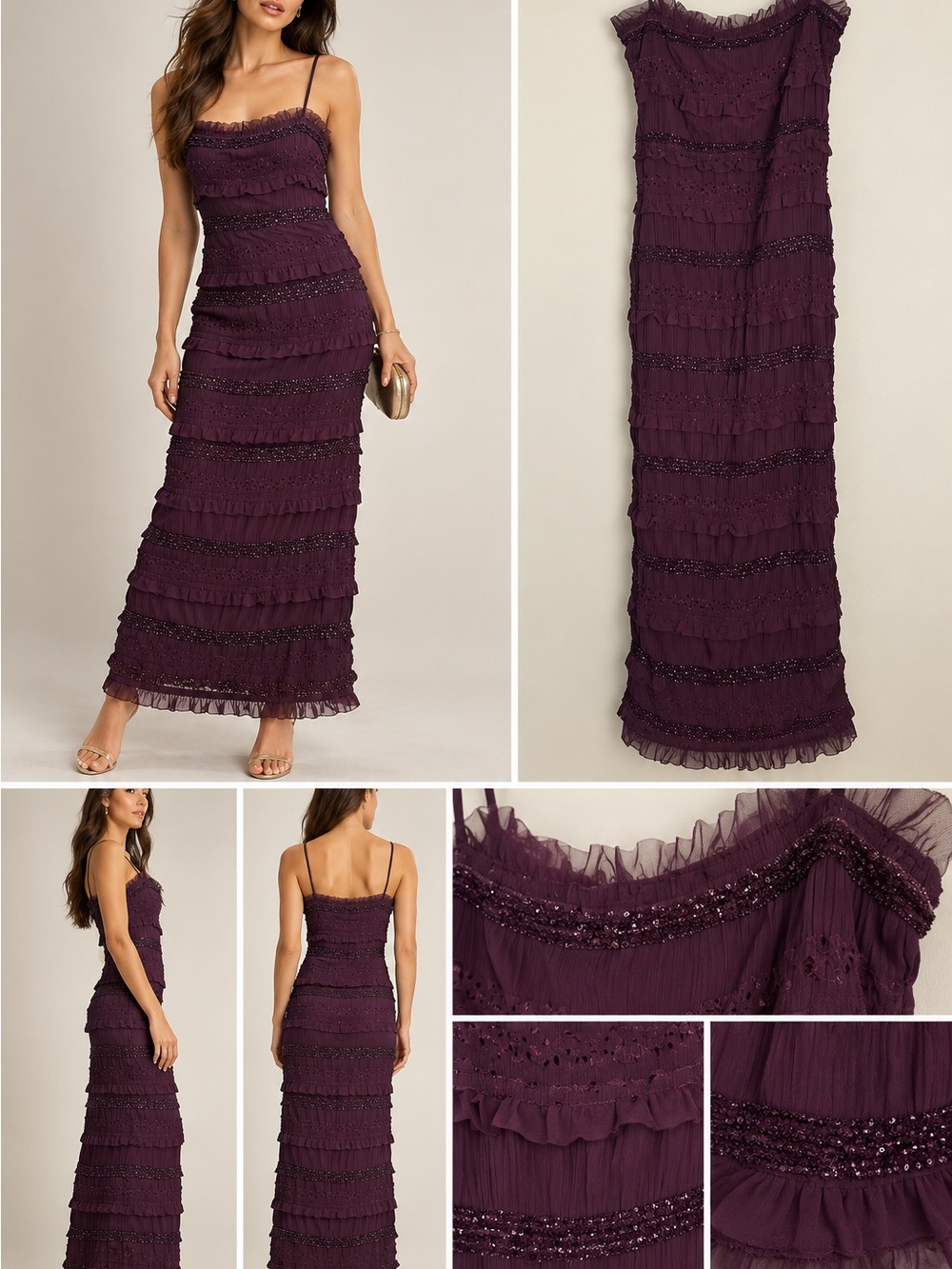 House of CB Ruffled Evening Dress. Deep Plum. Large. Wedding, Homecoming, Formal
